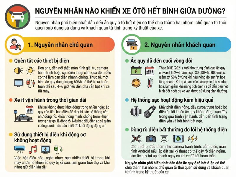 Xe Ô Tô Hết Bình Giữa Đường: Cách Xử Lý Nhanh & An Toàn 13 Nguyên nhân phổ biến khiến ô tô hết bình acquy