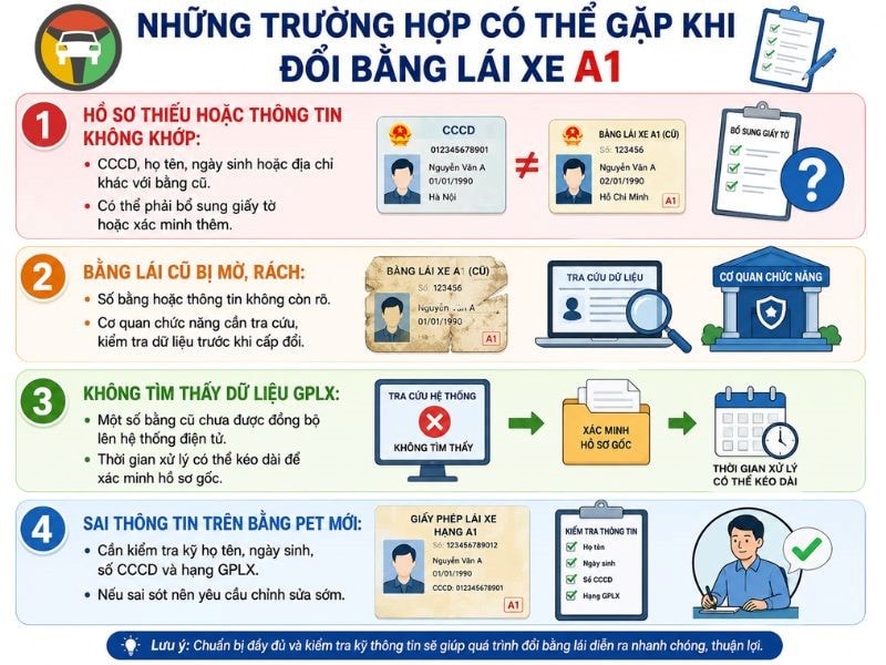 Những trường hợp có thể gặp khi đổi bằng lái xe máy A1 cũ sang thẻ PET