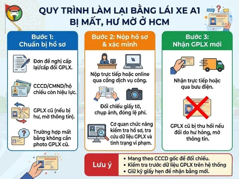 Thủ Tục Và Phí Làm Lại Bằng Lái Xe A1 Bị Mất, Hư Mờ Ở HCM 9 Quy trình làm lại bằng lái xe A1 bị mất, hư, mờ tại HCM