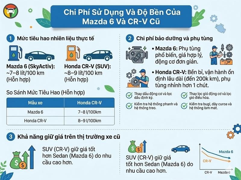 So sánh chi phí sử dụng giữa Mazda 6 và CRV cũ