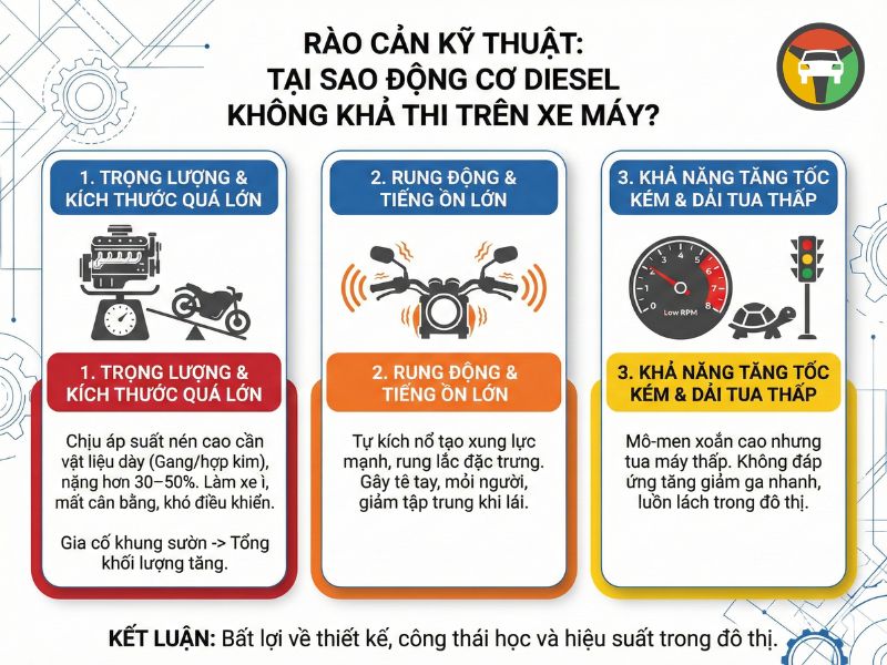 Tại Sao Xe Máy Thương Mại Không Sử Dụng Động Cơ Dầu Diesel? 8 Những rào cản là lý do không sử dụng động cơ diesel cho xe máy