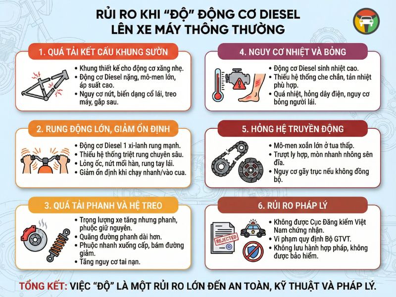 Tại Sao Xe Máy Thương Mại Không Sử Dụng Động Cơ Dầu Diesel? 10 Rủi ro khi độ động cơ diesel cho xe máy