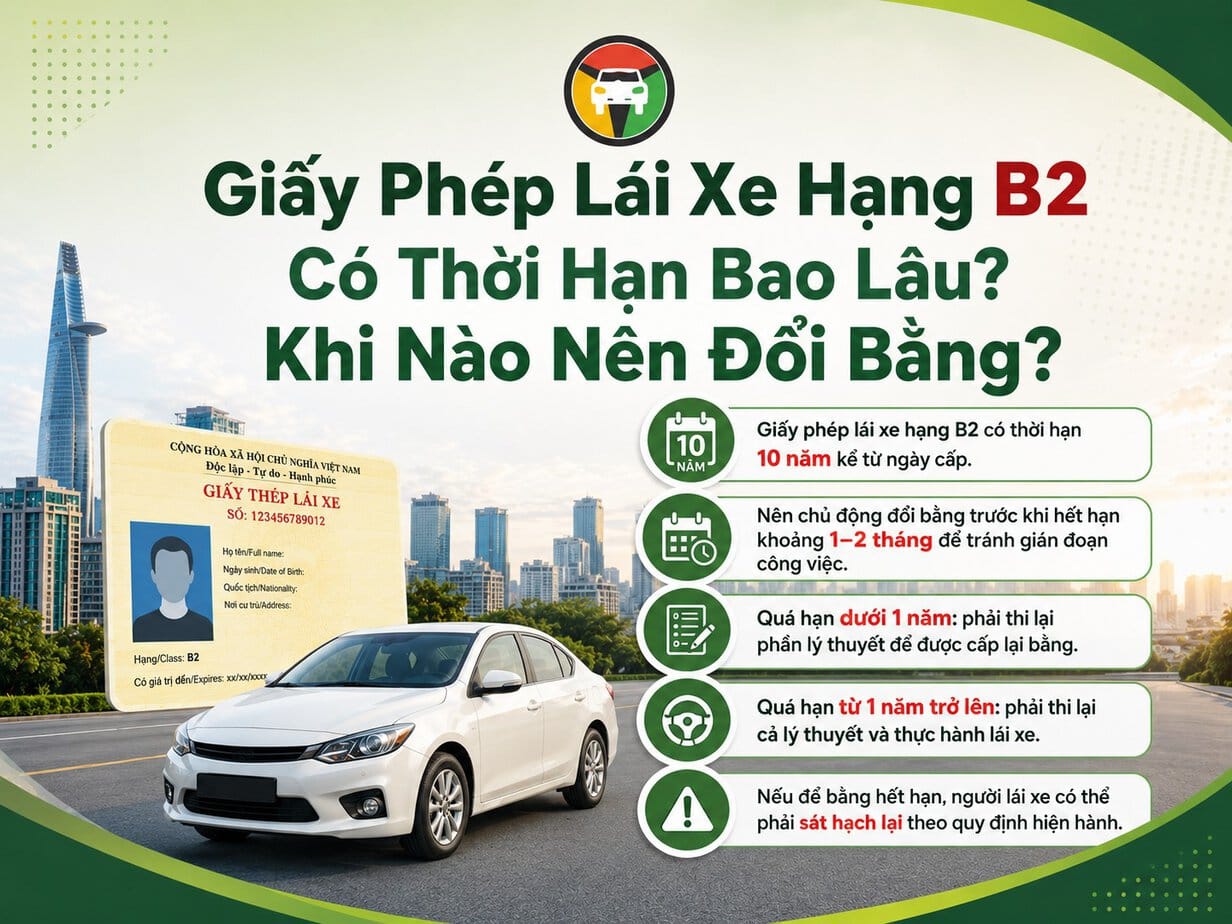 Thủ Tục & Phí Đổi Bằng Lái Xe Hạng B2 Hết Hạn Tại HCM 6 Giấy phép lái xe hạng B2 có thời hạn sử dụng 10 năm tính từ ngày được cấp
