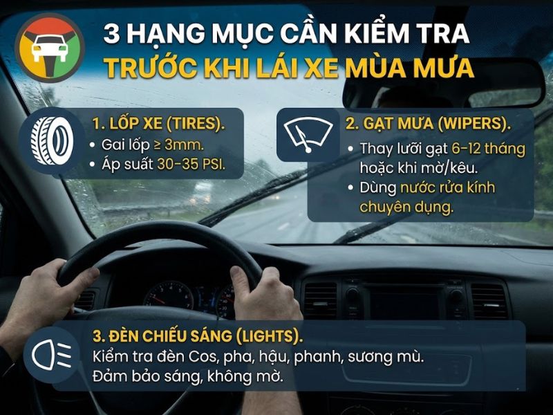 Kinh Nghiệm Lái Xe Ô Tô Khi Trời Mưa Tránh Thủy Kích 8 3 hạng mục cần kiểm tra trước khi lái xe ô tô mùa mưa