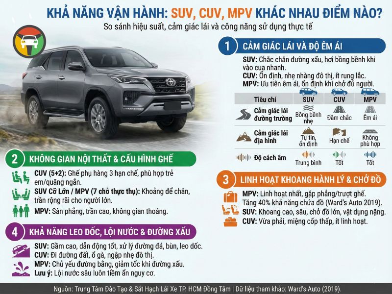 CUV, SUV, MPV Khác Gì Nhau? Hướng Dẫn Chọn Xe Chuẩn 11 So sánh khả năng vận hành của SUV, CUV và MPV