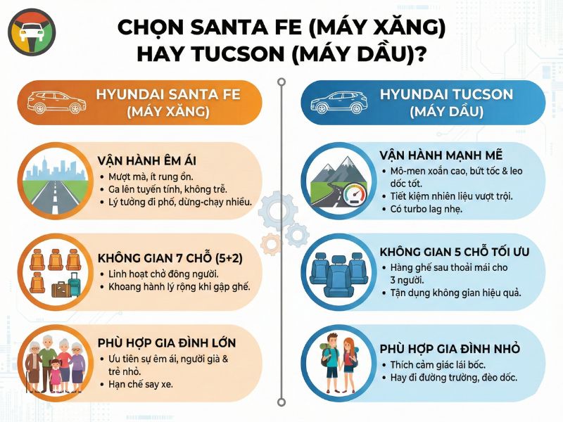 So sánh trải nghiệm Santafe xăng và Tucson dầu