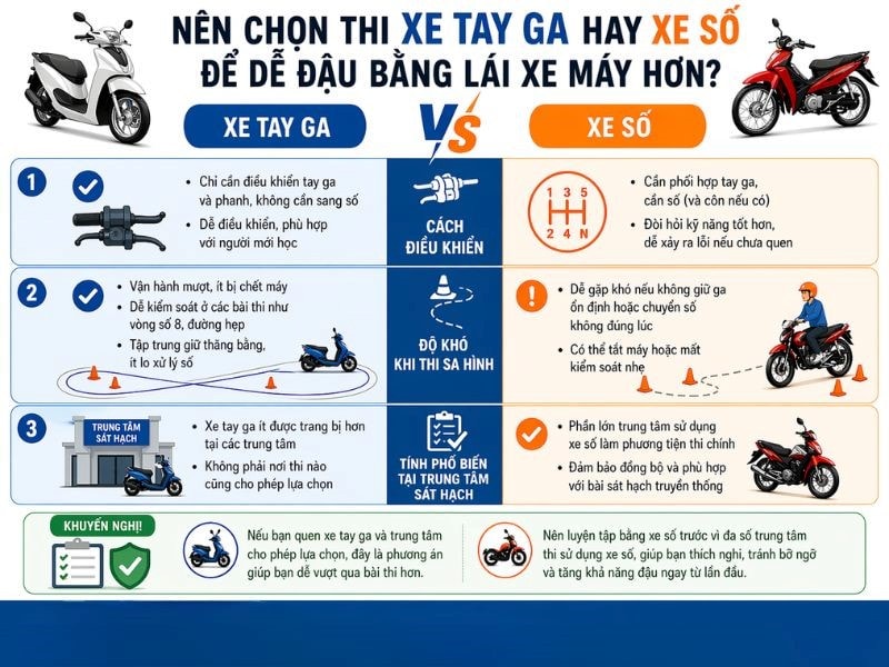 Có Được Thi Bằng Lái Xe Máy Bằng Xe Tay Ga? 8 Xe tay ga là lựa chọn tốt hơn vì dễ điều khiển, không cần sang số nên hạn chế lỗi và ít bị chết máy