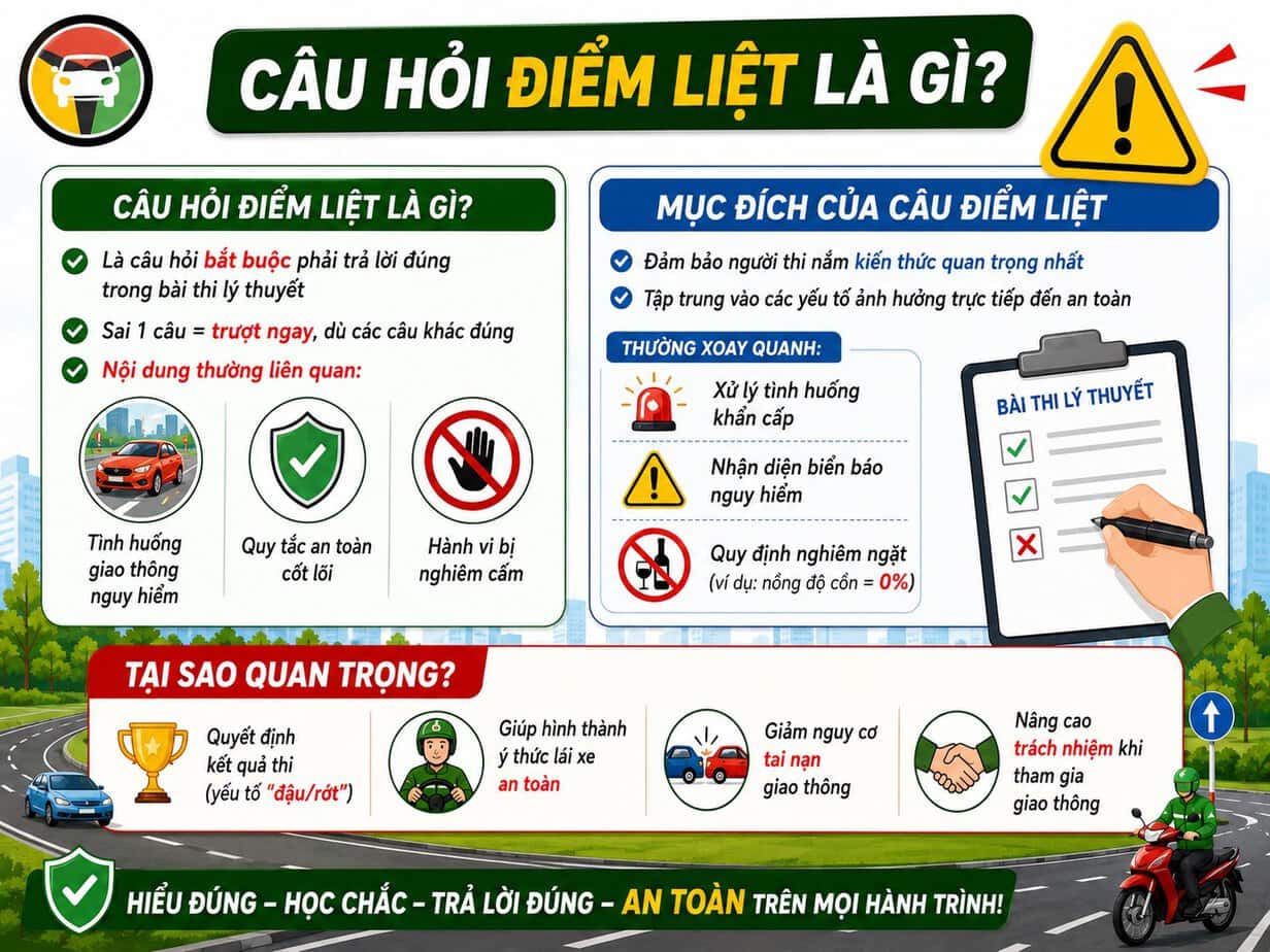 Tổng Hợp 20 Câu Điểm Liệt Thi Bằng Lái Xe A1, A Mới Nhất 6 Câu hỏi điểm liệt trong kỳ thi bằng lái xe A1, A là những câu hỏi đặc biệt trong phần thi lý thuyết mà thí sinh bắt buộc phải trả lời đúng