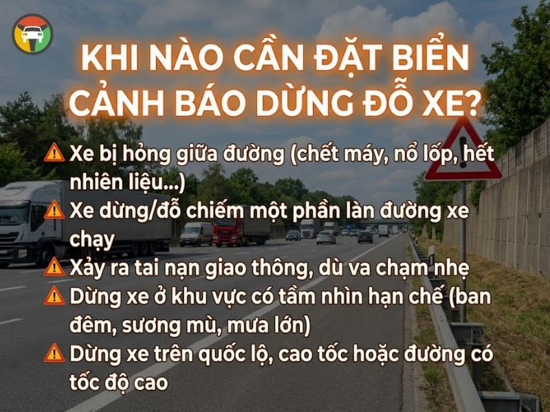 Bạn bắt buộc phải đặt biển cảnh báo (tam giác phản quang) khi việc dừng hoặc đỗ xe gây nguy hiểm hoặc cản trở giao thông. 