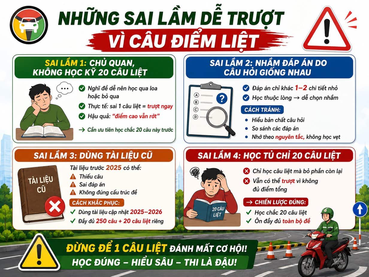 Tổng Hợp 20 Câu Điểm Liệt Thi Bằng Lái Xe A1, A Mới Nhất 8 Những sai lầm cần tránh khi học và làm các câu hỏi điểm liệt