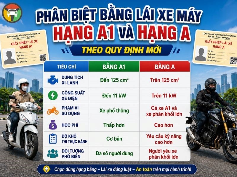 Quy Trình Thi Bằng Lái Xe Máy A1, A Mới Nhất - Điều Kiện Đỗ 6 Phân biệt bằng lái xe A và A1