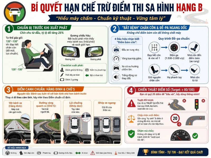 Các Lỗi Bị Trừ Điểm & Truất Quyền Khi Thi Sa Hình Bằng Lái B 10 Kinh nghiệm thi sa hình bằng B hạn chế bị trừ điểm, truất quyền