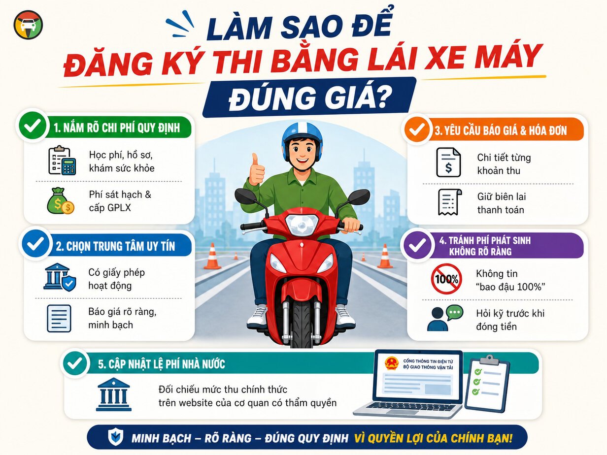 Chi Phí Thi Bằng Lái Xe Máy Bao Nhiêu Tiền? 10 Kinh nghiệm đăng ký thi bằng lái xe máy chi phí rẻ nhất