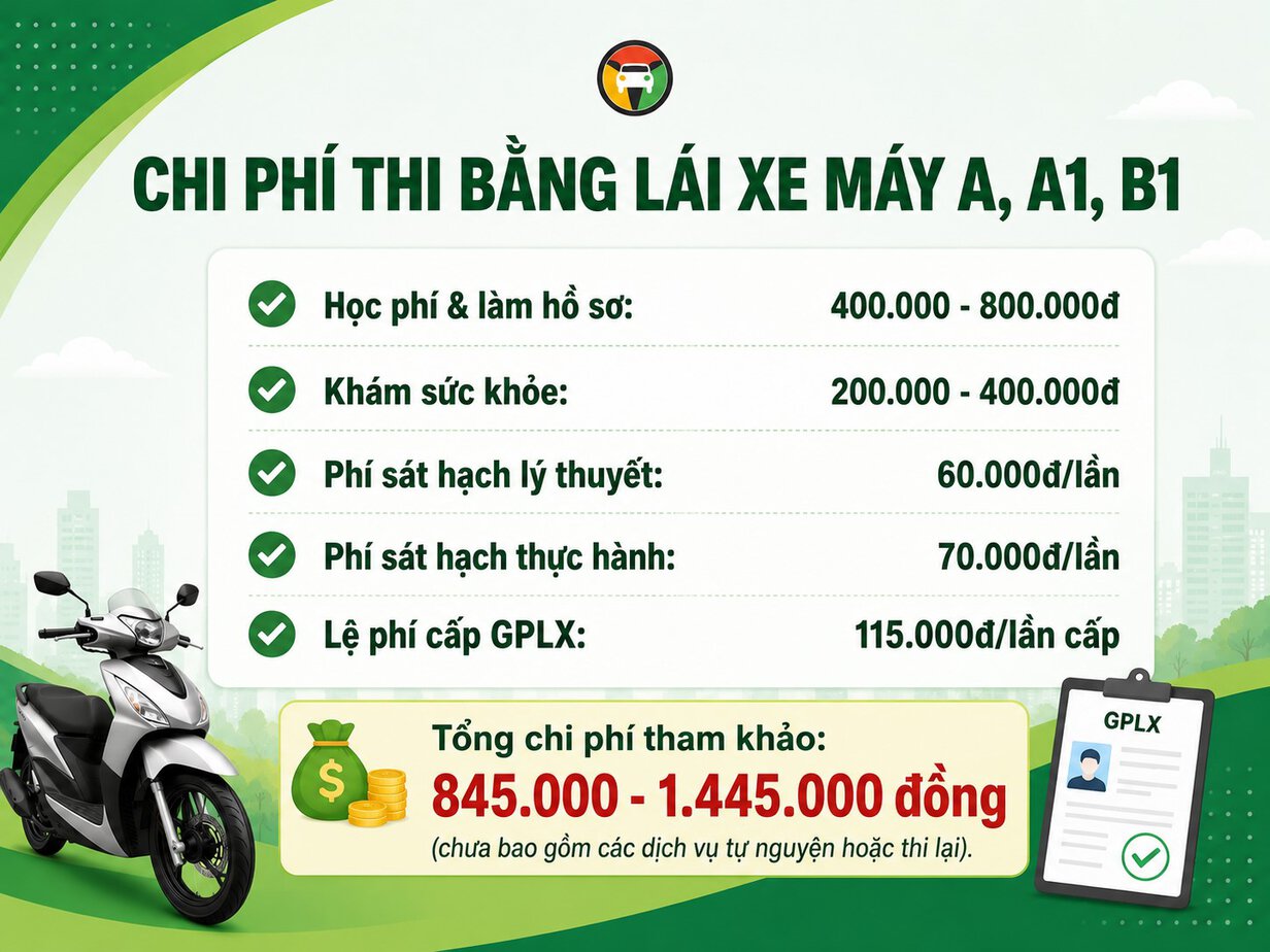 Chi Phí Thi Bằng Lái Xe Máy Bao Nhiêu Tiền? 7 Các khoản lệ phí bắt buộc khi thi bằng lái xe máy (A, A1, B1) mới nhất