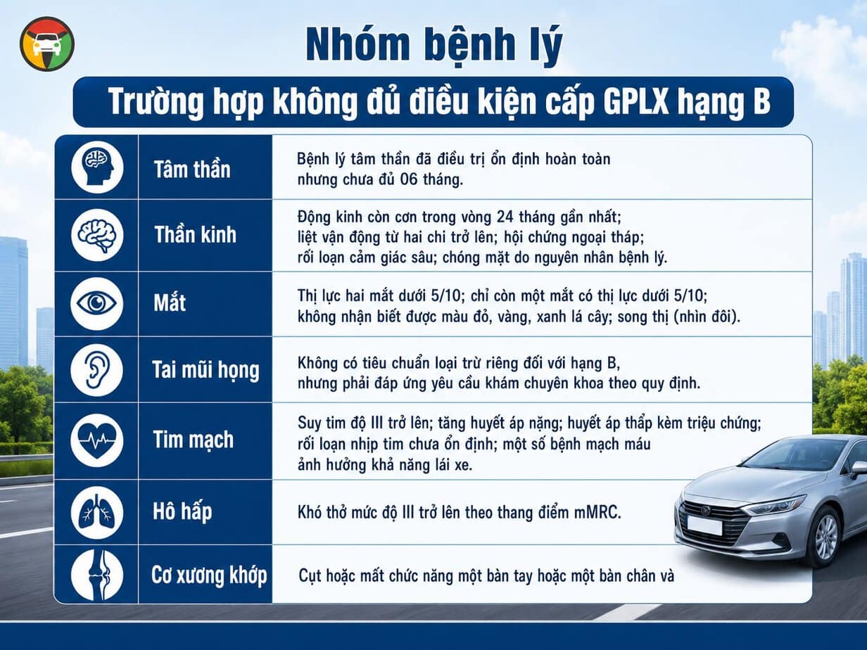 Danh sách nhóm bệnh lý không đủ điều kiện được cấp bằng lái ô tô hạng B