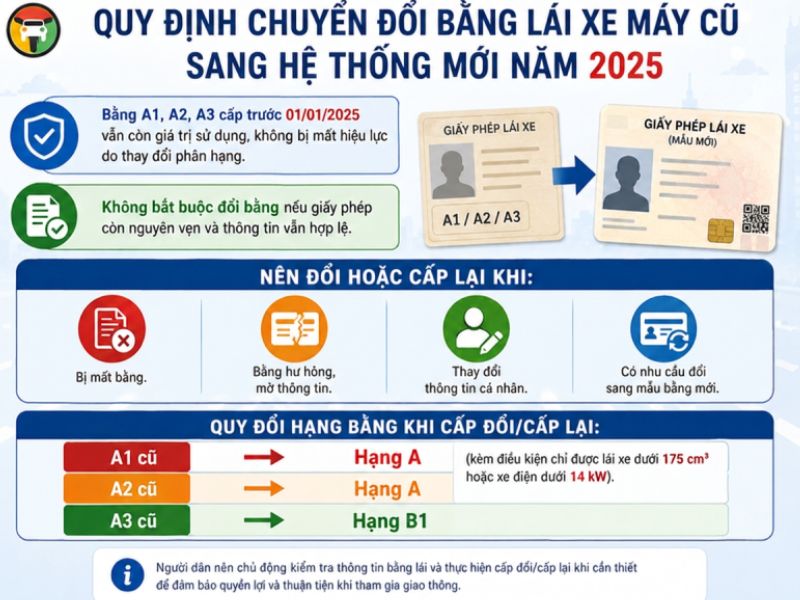 Giấy phép lái xe dành cho phương tiện mô tô hiện nay được chia thành 3 hạng chính gồm A1, A và B1. 