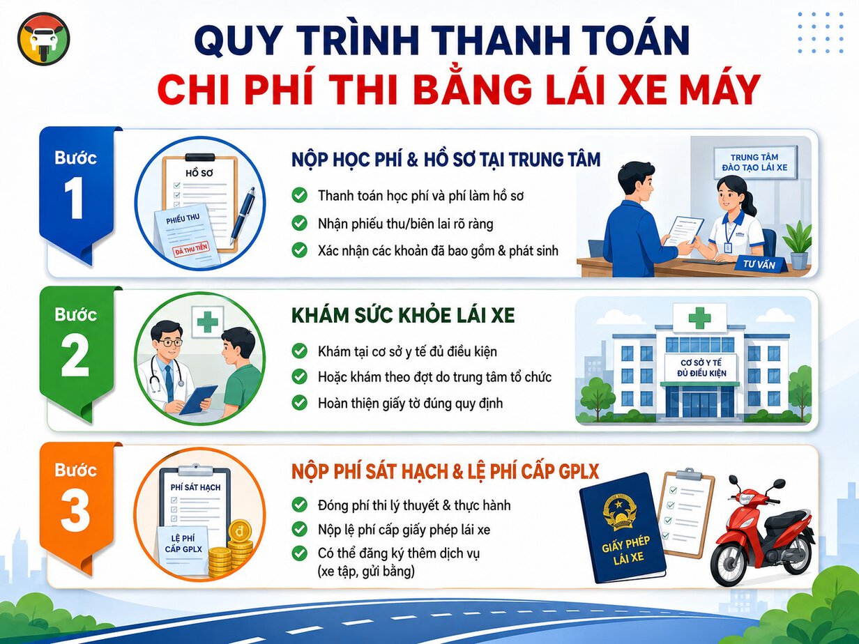 Chi Phí Thi Bằng Lái Xe Máy Bao Nhiêu Tiền? 9 Quy trình thanh toán chi phí thi bằng lái xe máy