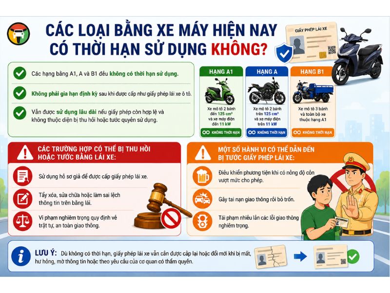 Các hạng giấy phép lái xe máy A1, A và B1 được cấp không thời hạn