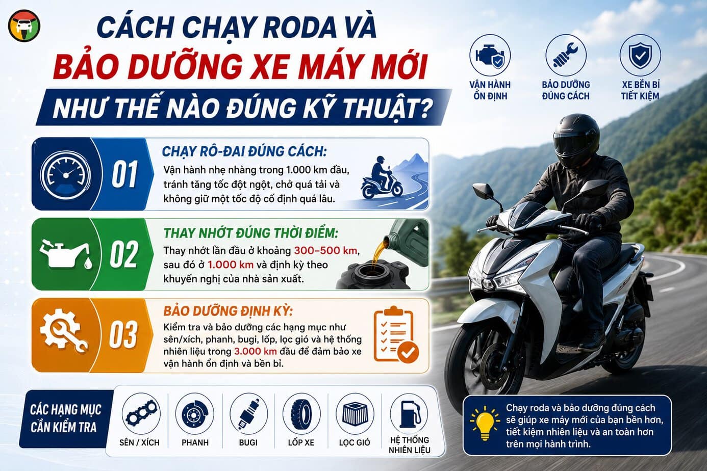 Khi Mua Xe Máy Mới Về Cần Làm Gì? 10 Cách chạy roda xe máy mới và bảo dưỡng đúng cách