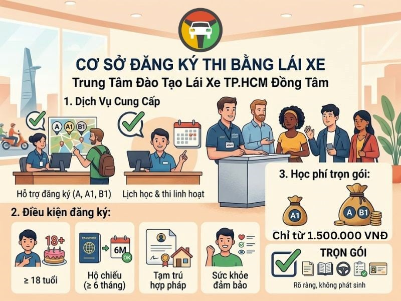 Thi Bằng Lái Xe Máy Cho Người Nước Ngoài Tại Hồ Chí Minh 7 Đồng Tâm là trung tâm đăng ký đào tạo, sát hạch bằng lái xe máy cho người nước ngoài tại HCM