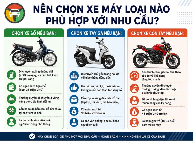 Kinh nghiệm chọn xe máy côn, xe máy số và xe máy ga phù hợp nhu cầu