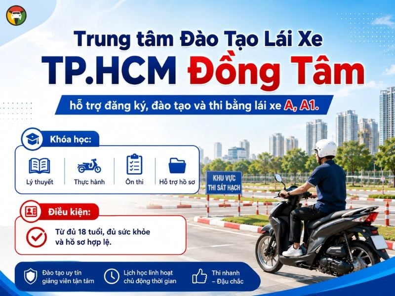 Thi Bằng Lái Xe Máy A, A1 Ở Đâu Cấp Tốc Tại Thủ Đức? 9 Trung tâm Đào Tạo Lái Xe TP.HCM Đồng Tâm (thuộc Trung Tâm Giáo Dục Nghề Nghiệp Phát Tiến) là đơn vị phụ trách tư vấn tuyển sinh, đào tạo và sát hạch giấy phép lái xe hạng A1, A tại TP.HCM.