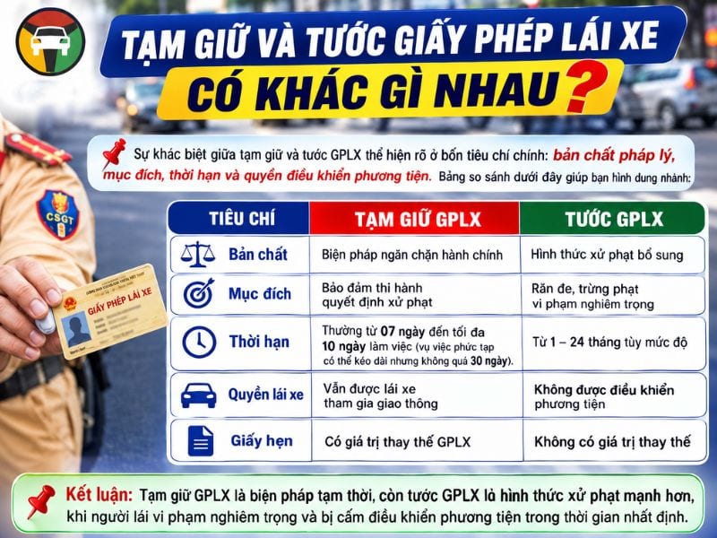 So sánh tạm giữ và tước giấy phép lái xe
