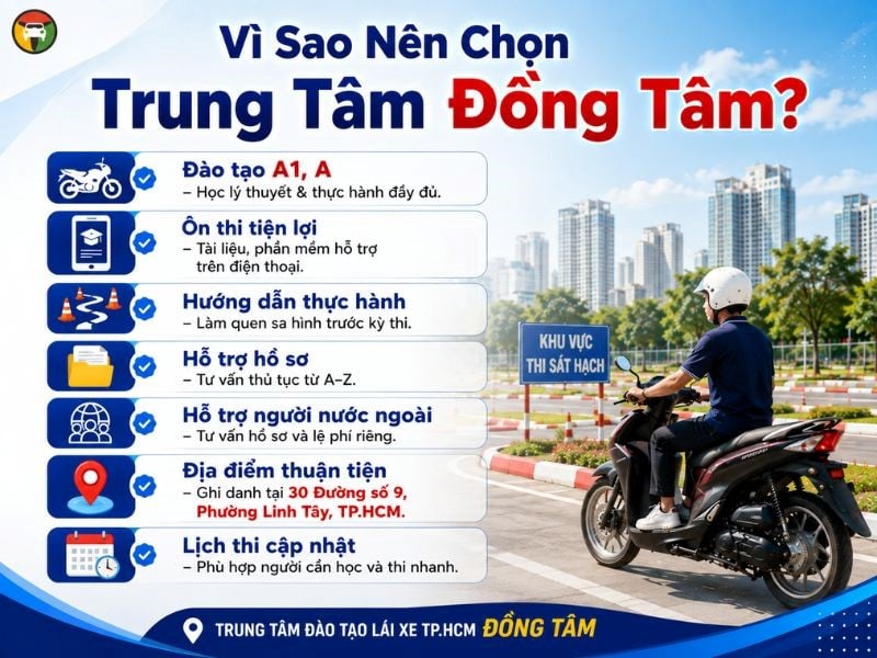 Thi Bằng Lái Xe Máy A, A1 Ở Đâu Cấp Tốc Tại Thủ Đức? 11 Ưu điểm khi lựa chọn học và thi bắng lái xe máy A1, A tại Đồng Tâm