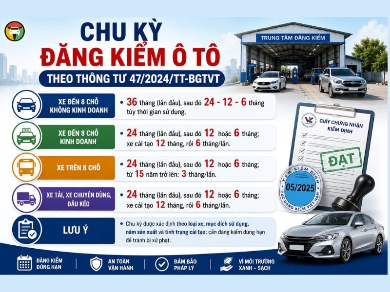 Chu kỳ đăng kiểm ô tô mới nhất