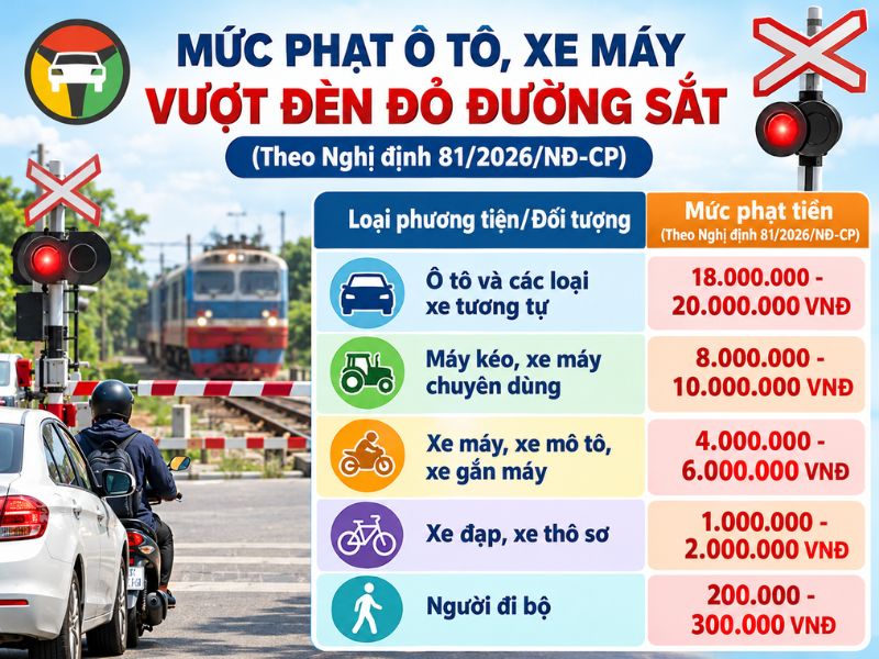 Ô Tô, Xe Máy Vượt Đèn Đỏ Đường Sắt Bị Phạt Bao Nhiêu? Quy Định Mới Nhất 6 Mức phạt ô tô xe máy vượt đèn đỏ đường sắt