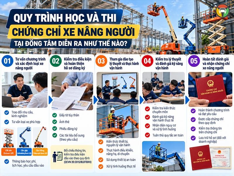 Quy trình học, thi và cấp chứng chỉ xe nâng người